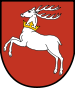 herb województwa lubuskiego - połowa przedstawia białego orła na czerwonym tle, druga połowa to dwie zółte gwiazdy na zielonym tle